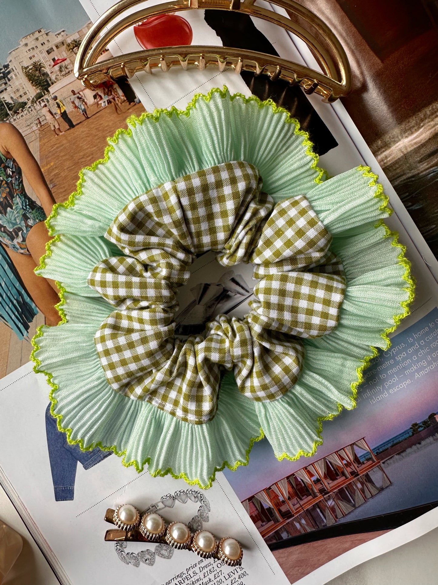 Mini Oversized Olive Green Gingham Scrunchie with Green Frill Trim