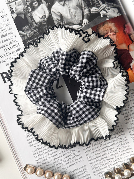 Mini Oversized Black Gingham Scrunchie with White Frill Trim