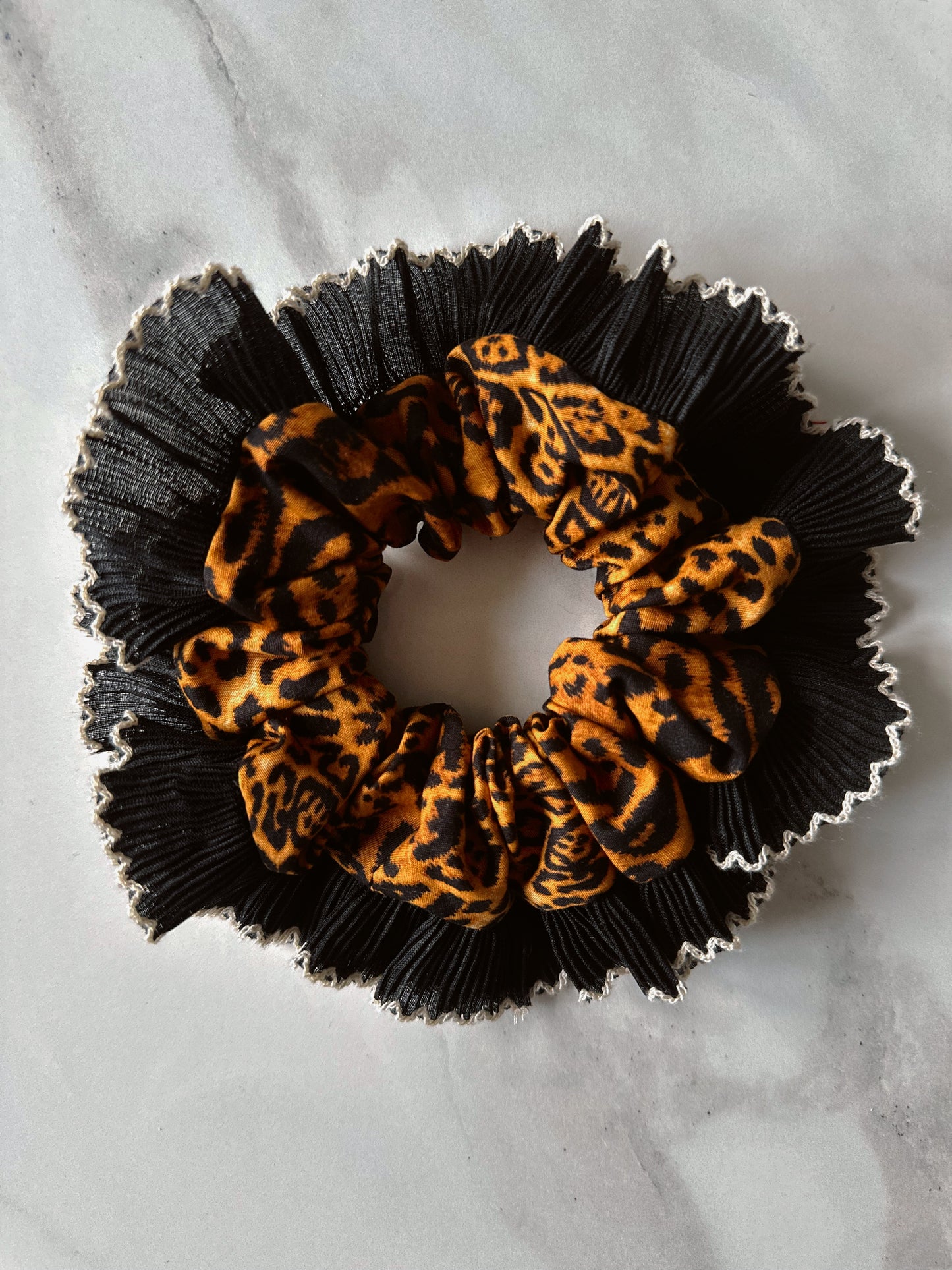 Handmade XL Leopard Print Scrunchie with Black Frill Trim