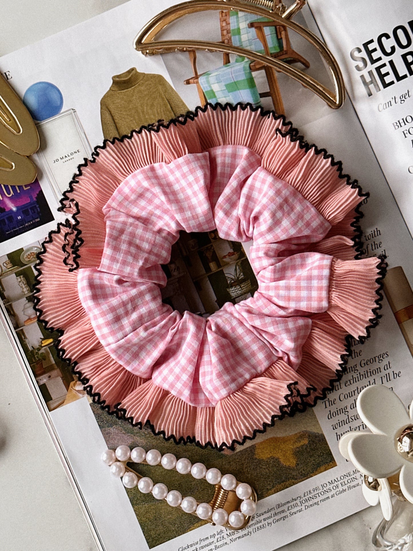 XL Pink Gingham Scrunchie with Pink Frill Trim