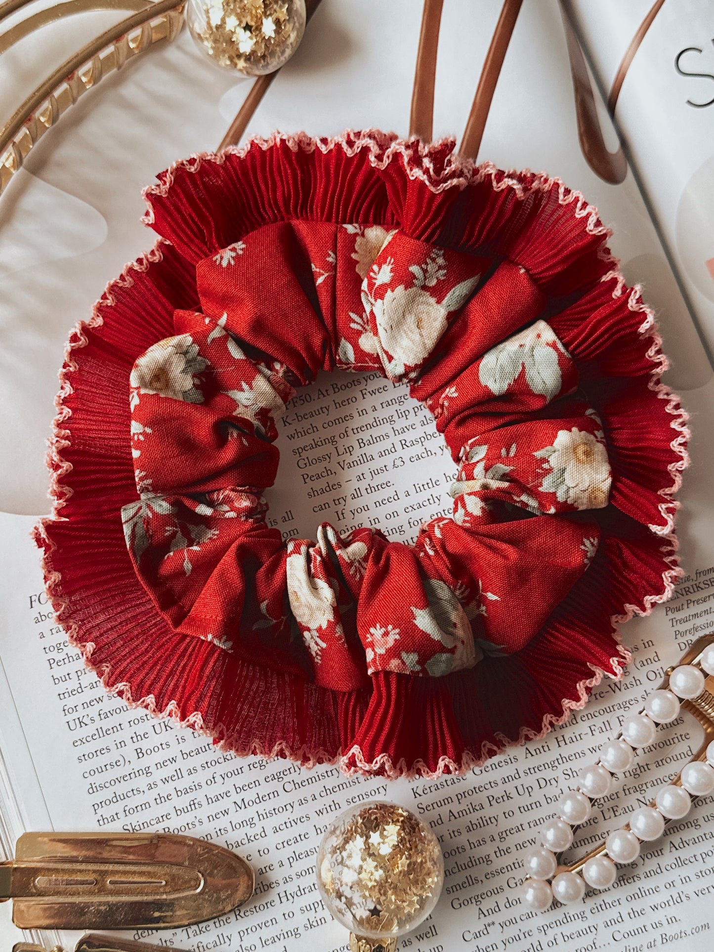 Red Floral Scrunchie with Red and Pink Frill Trim