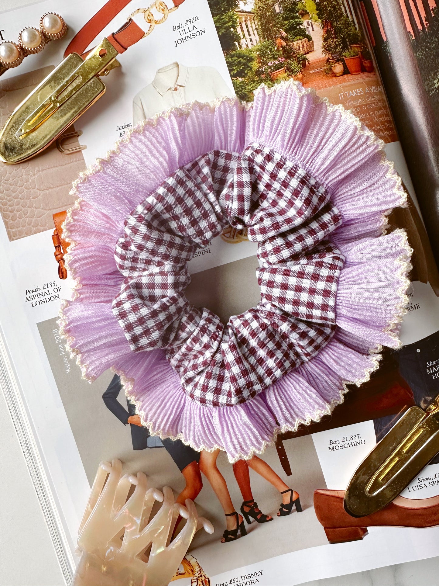 Mini Mulberry Gingham Scrunchie with Purple Frill Trim