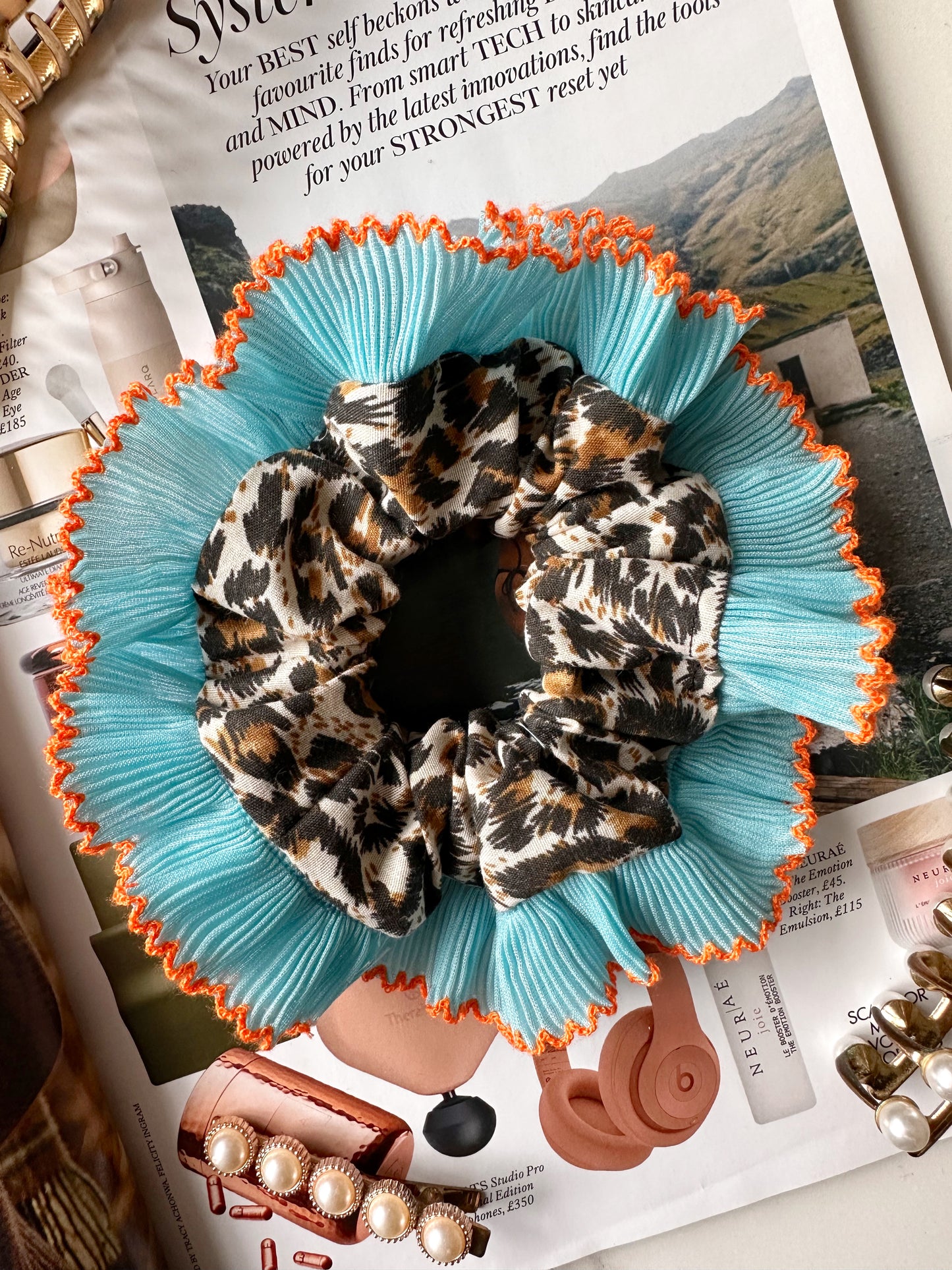Mini Oversized Leopard Print Scrunchie with a Blue Frill Trim