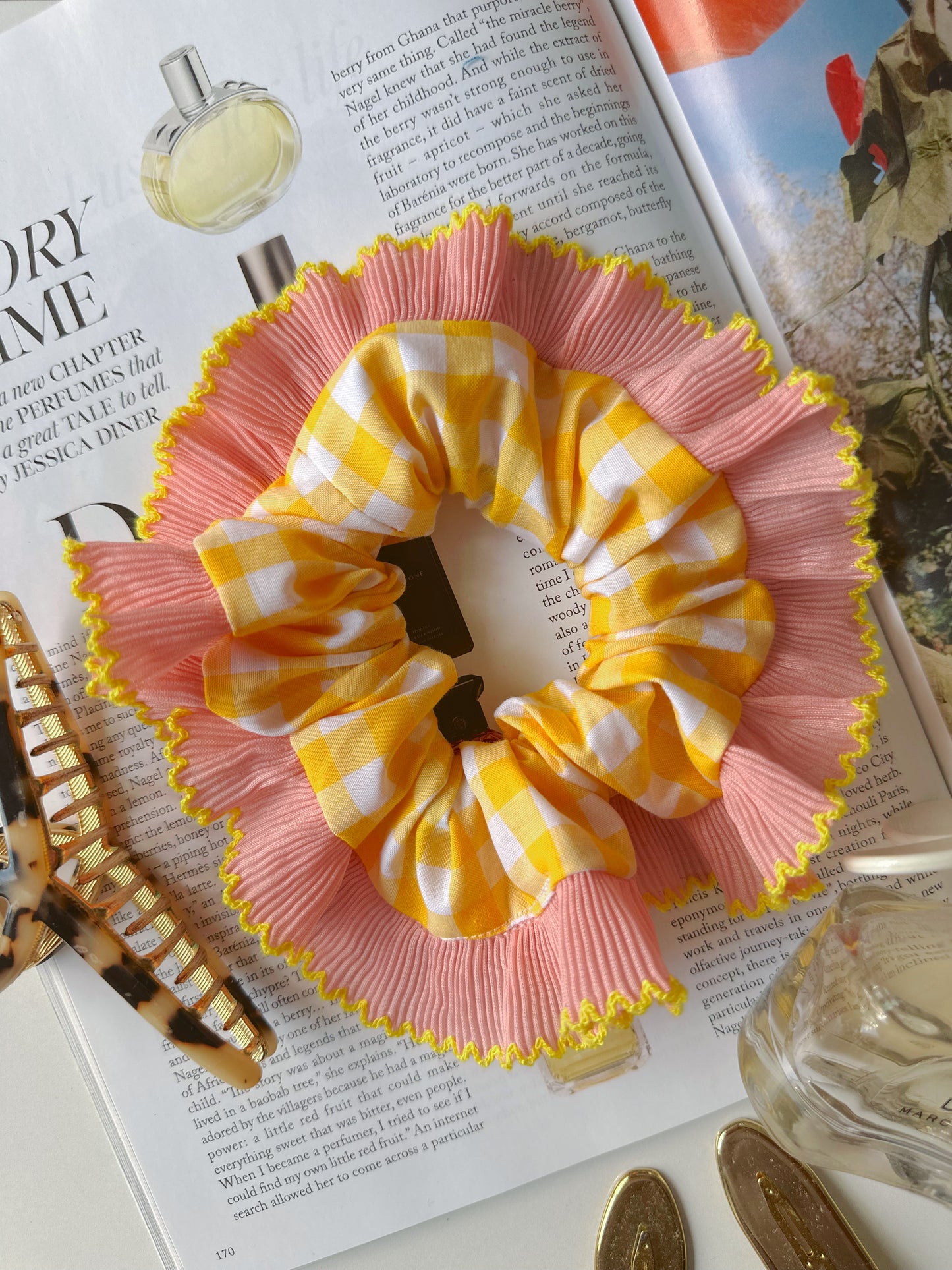 Handmade XL Yellow Gingham Scrunchie with Pink and Yellow Frill Trim