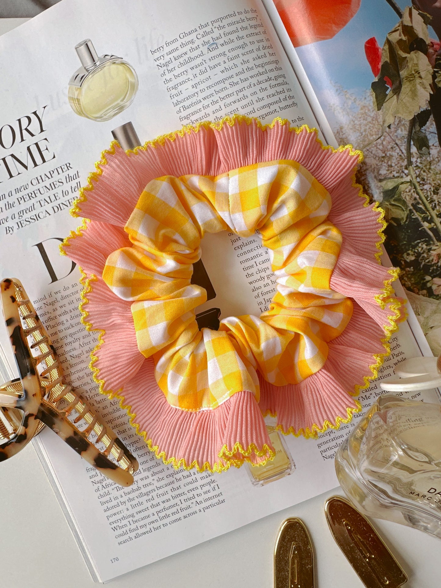 Handmade XL Yellow Gingham Scrunchie with Pink and Yellow Frill Trim