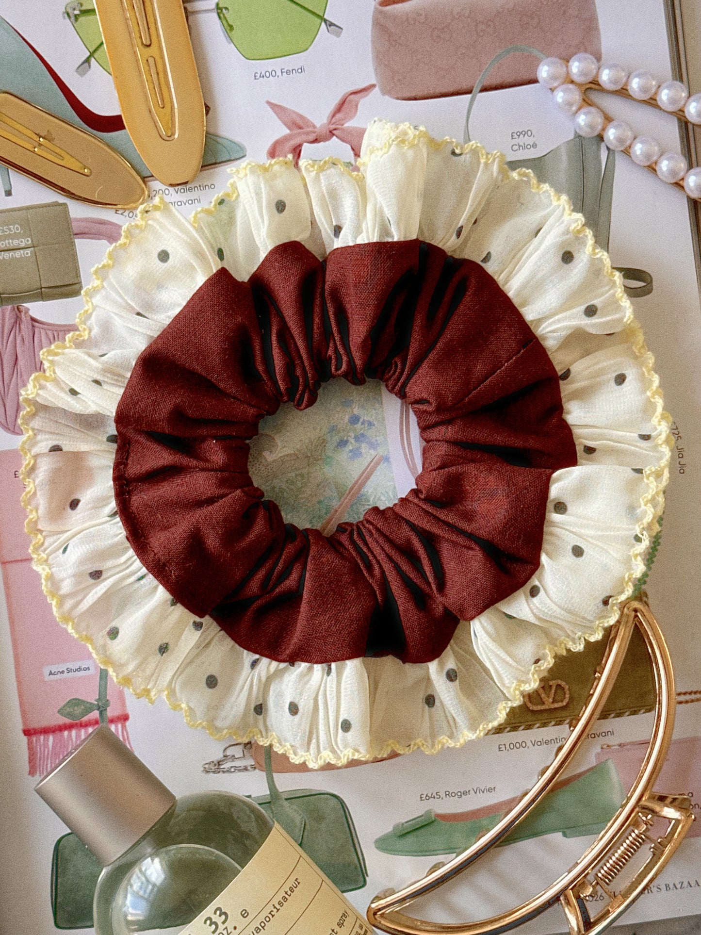 Oversized Brown Scrunchie with Yellow Polkadot Trim