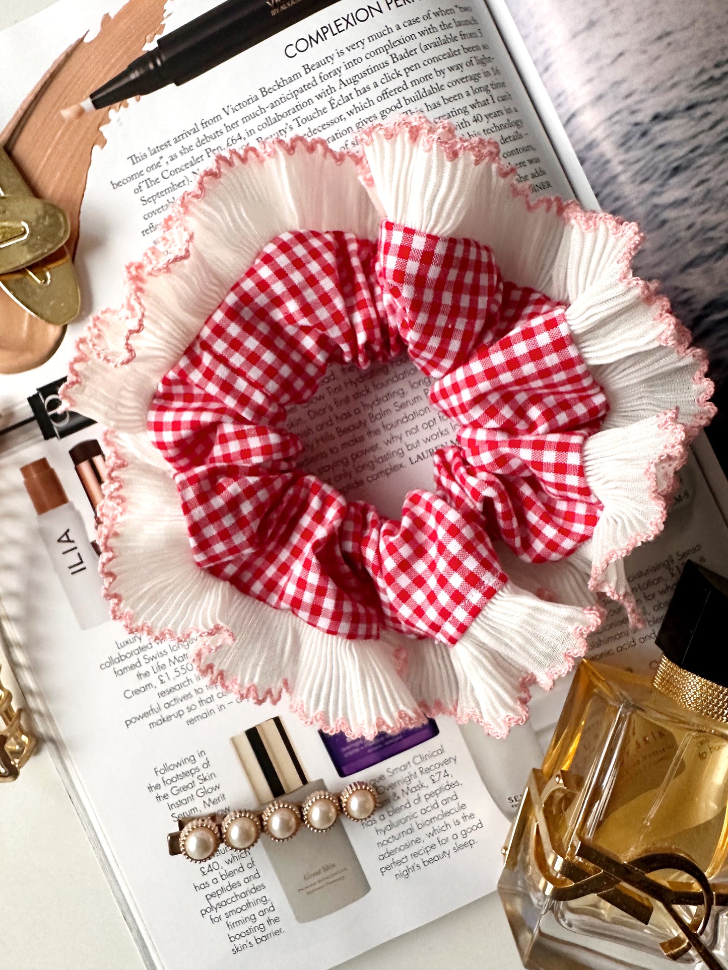 Handmade XL Red Gingham Scrunchie with White and Pink Frill Trim