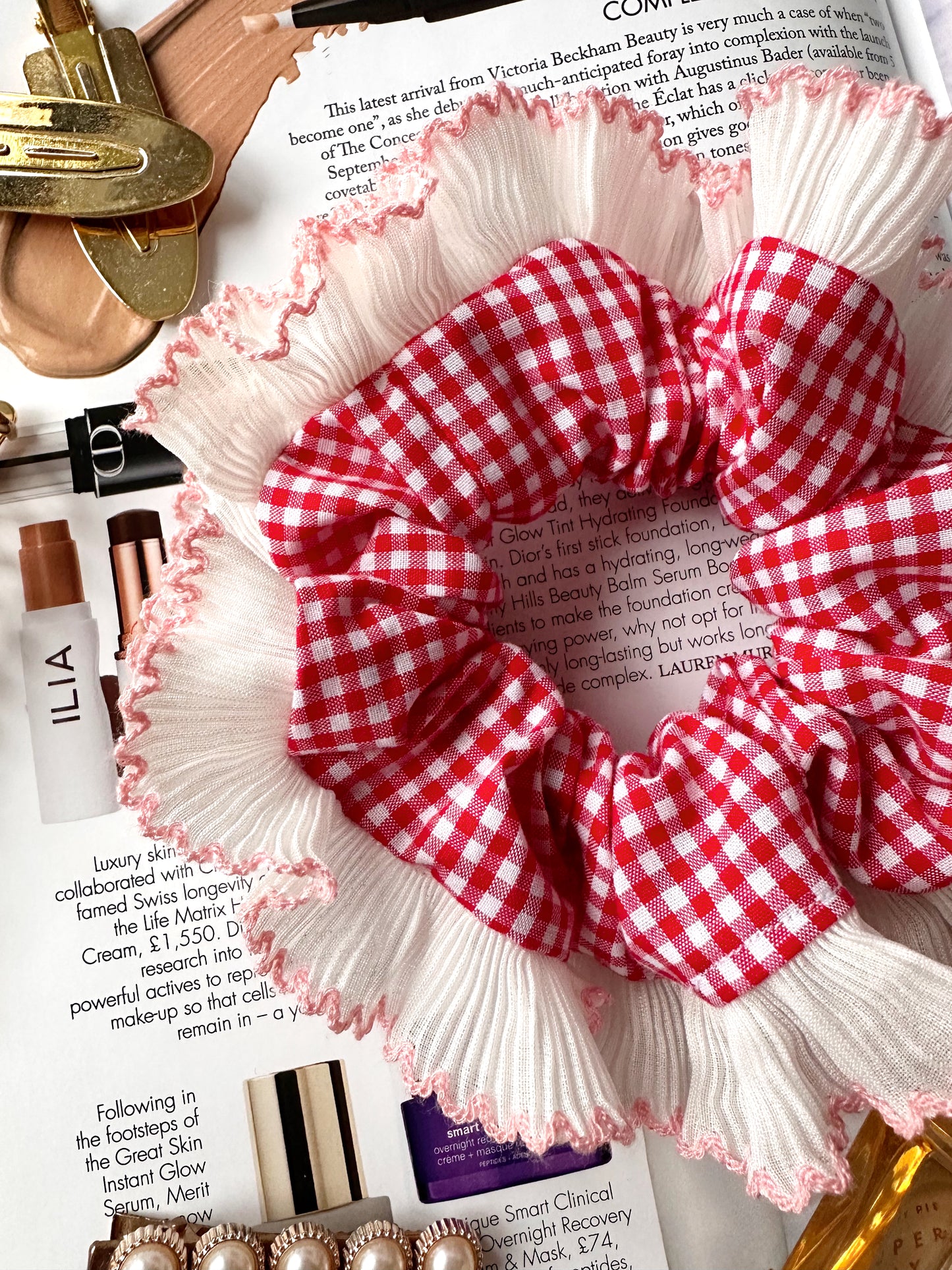 Handmade XL Red Gingham Scrunchie with White and Pink Frill Trim