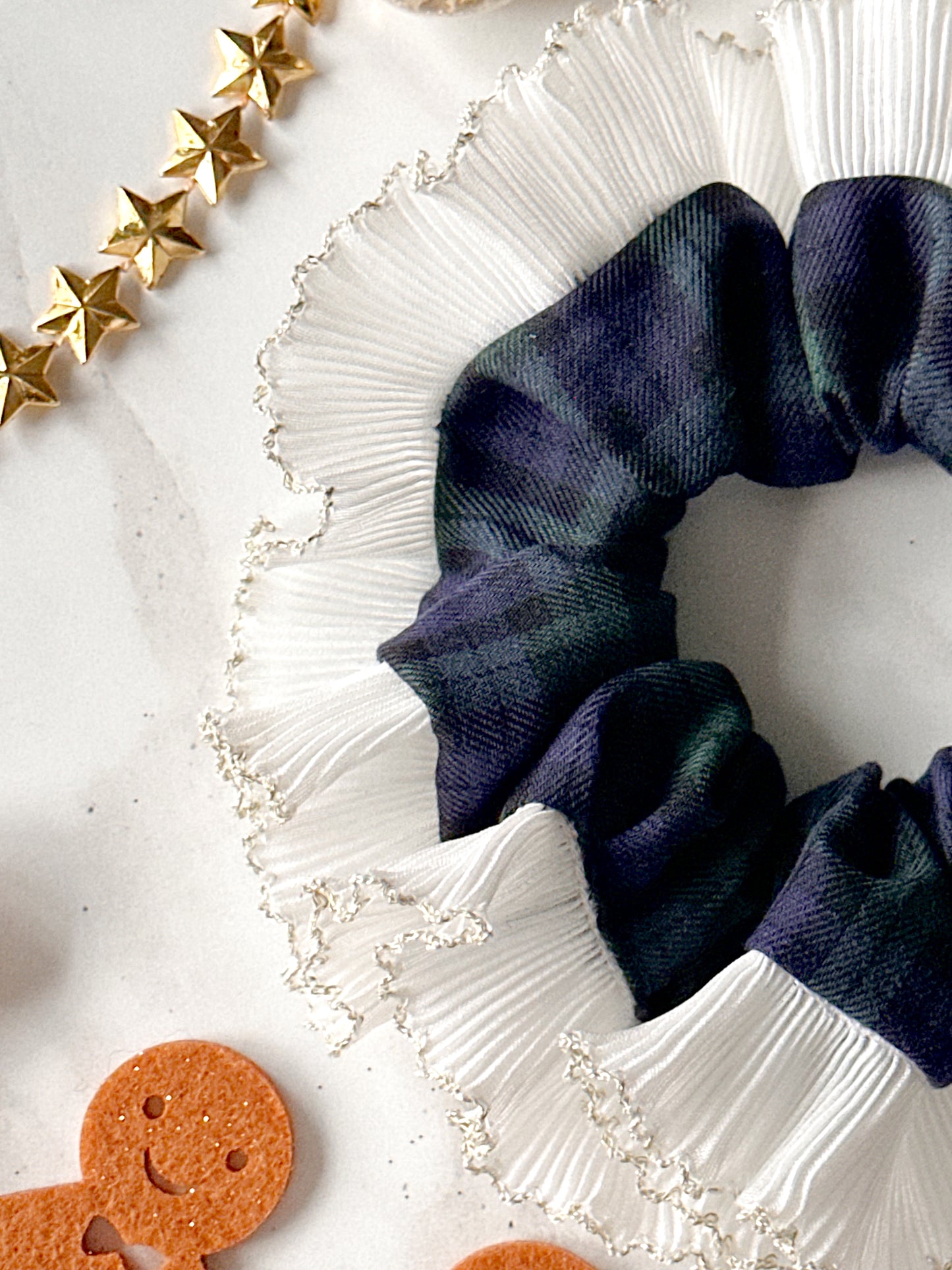 Blue and Green Tartan Scrunchie with White and Gold Frill Trim