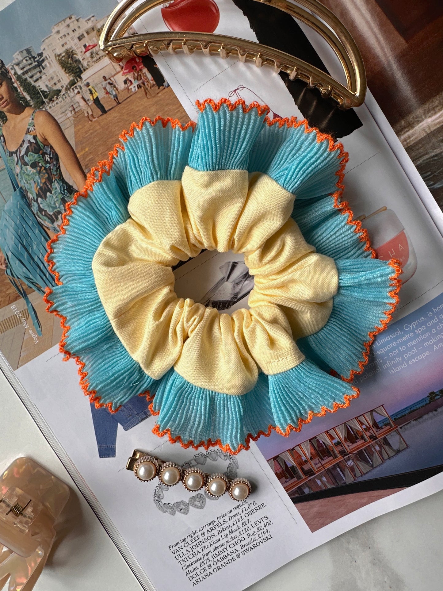 Mini Oversized Butter Yellow Scrunchie with Blue Frill Trim