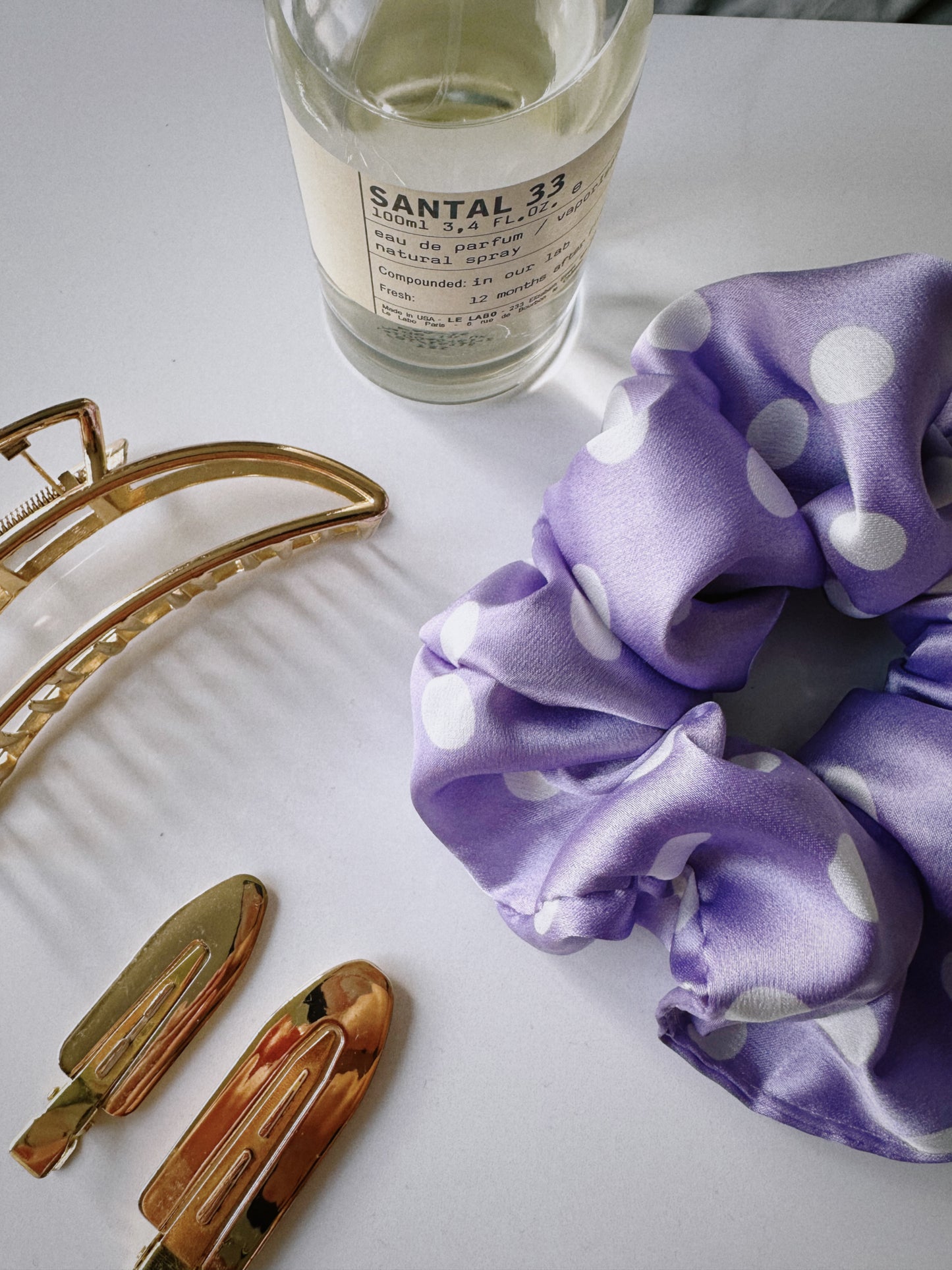 Purple and White Polkadot Satin Scrunchie
