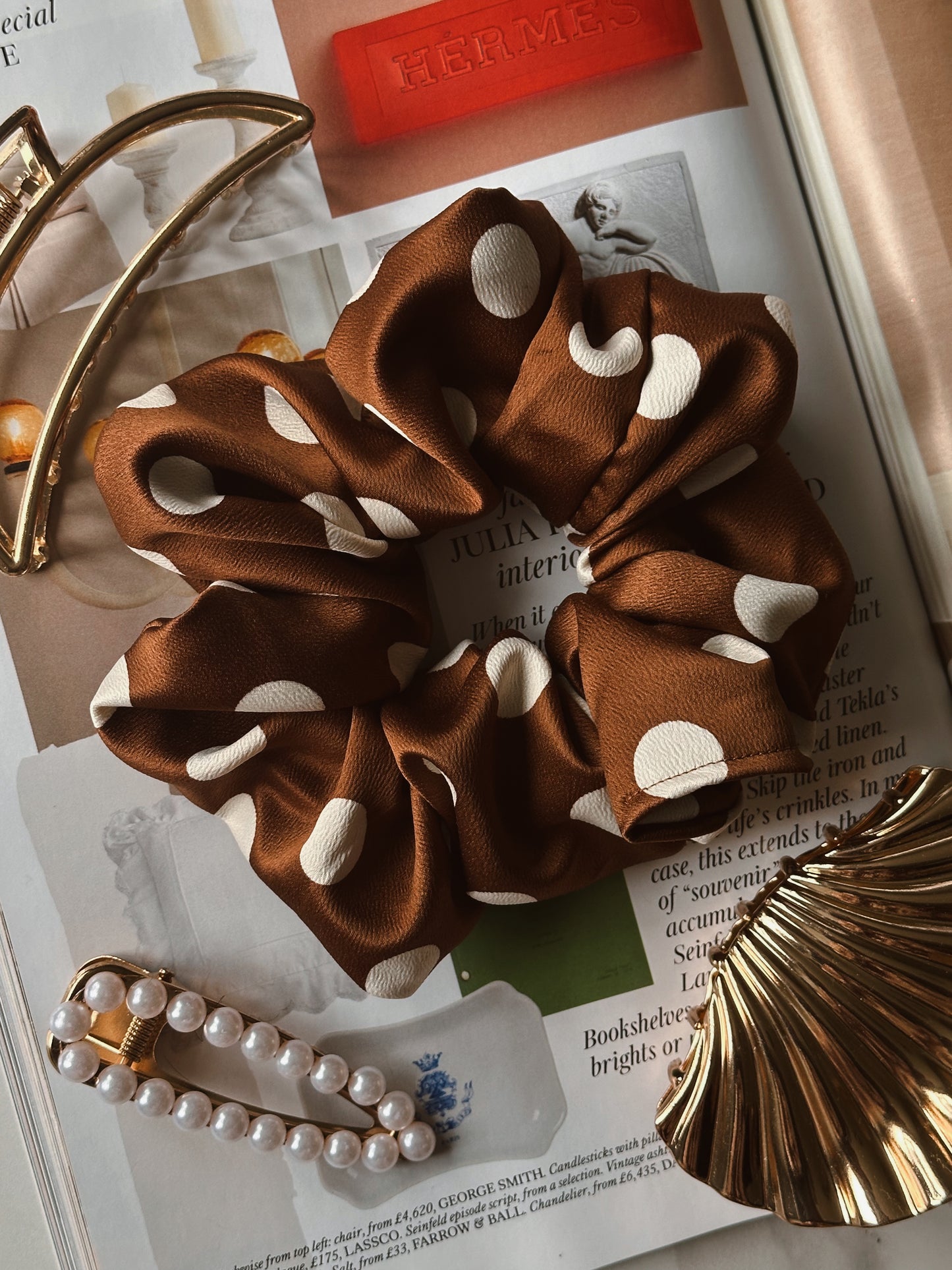 Brown and White Polkadot Satin Scrunchie
