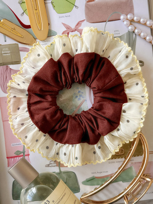 Oversized Brown Scrunchie with Yellow Polkadot Trim