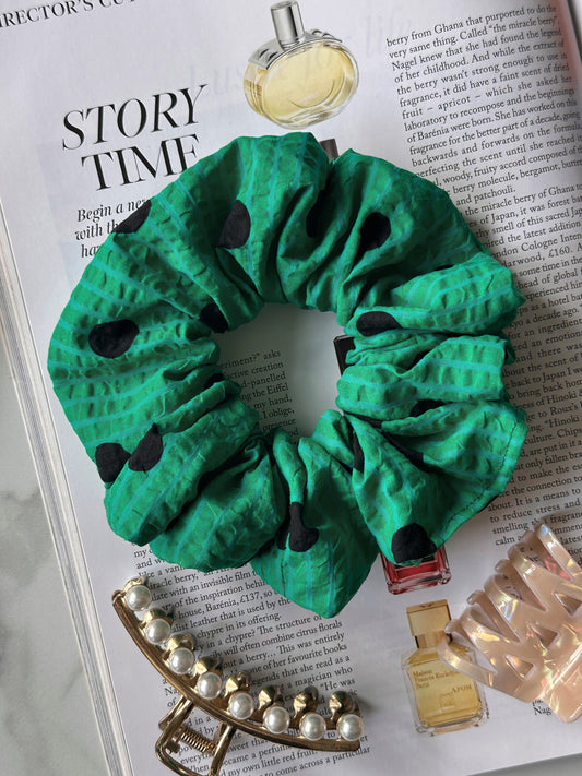 XL Green and Black Polkadot and Striped Scrunchie