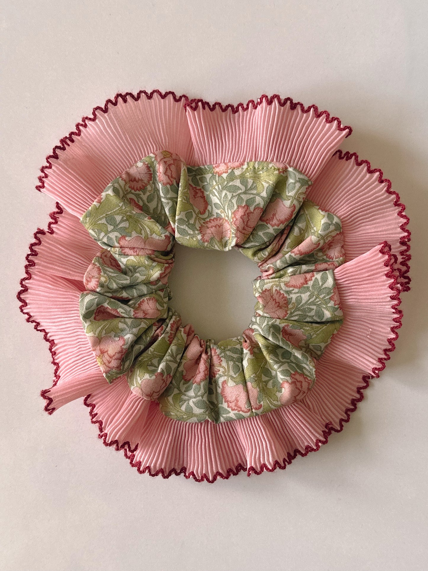XL Victorian Floral Scrunchie with Pink and Red Frill Trim