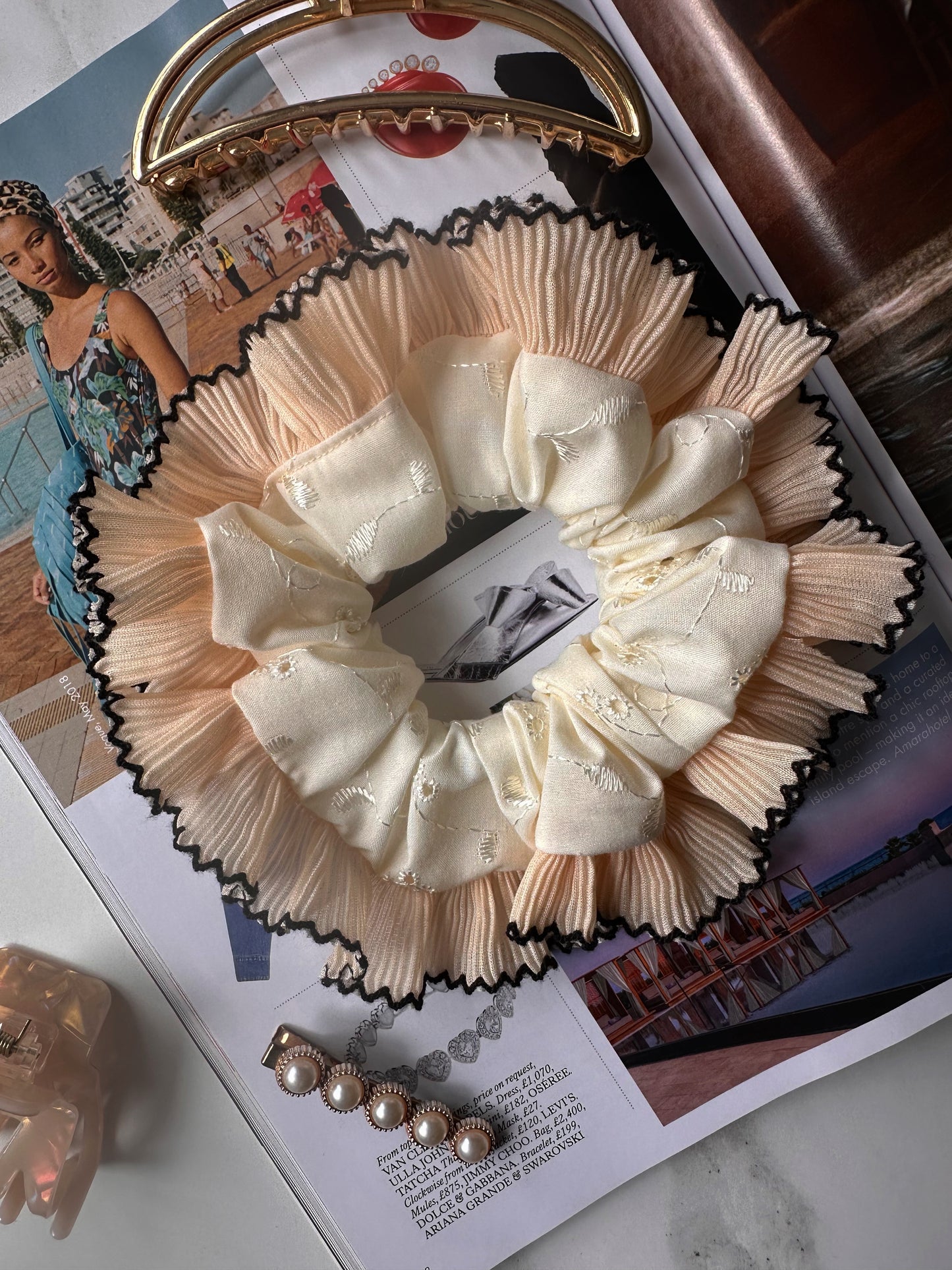 Cream Broderie Anglaise Scrunchie with Cream and Black Frill Trim