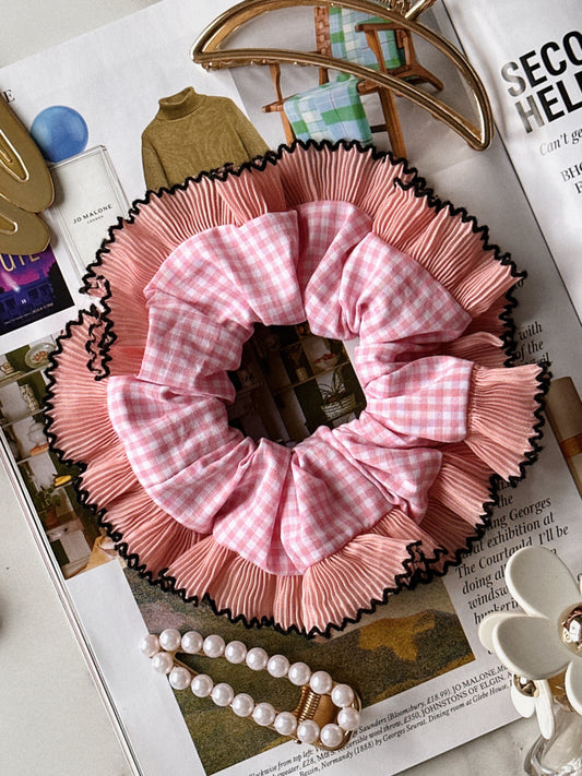 XL Pink Gingham Scrunchie with Pink Frill Trim