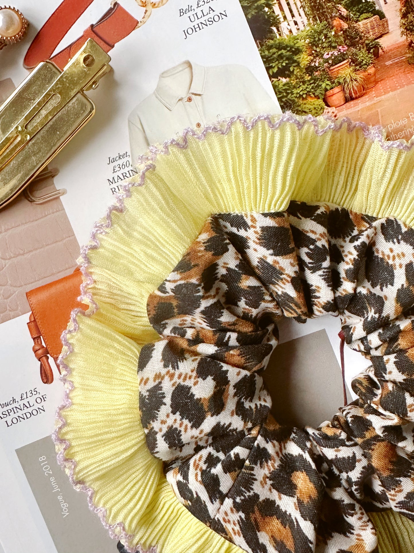 Mini Oversized Leopard Print Scrunchie with a Yellow Frill Trim
