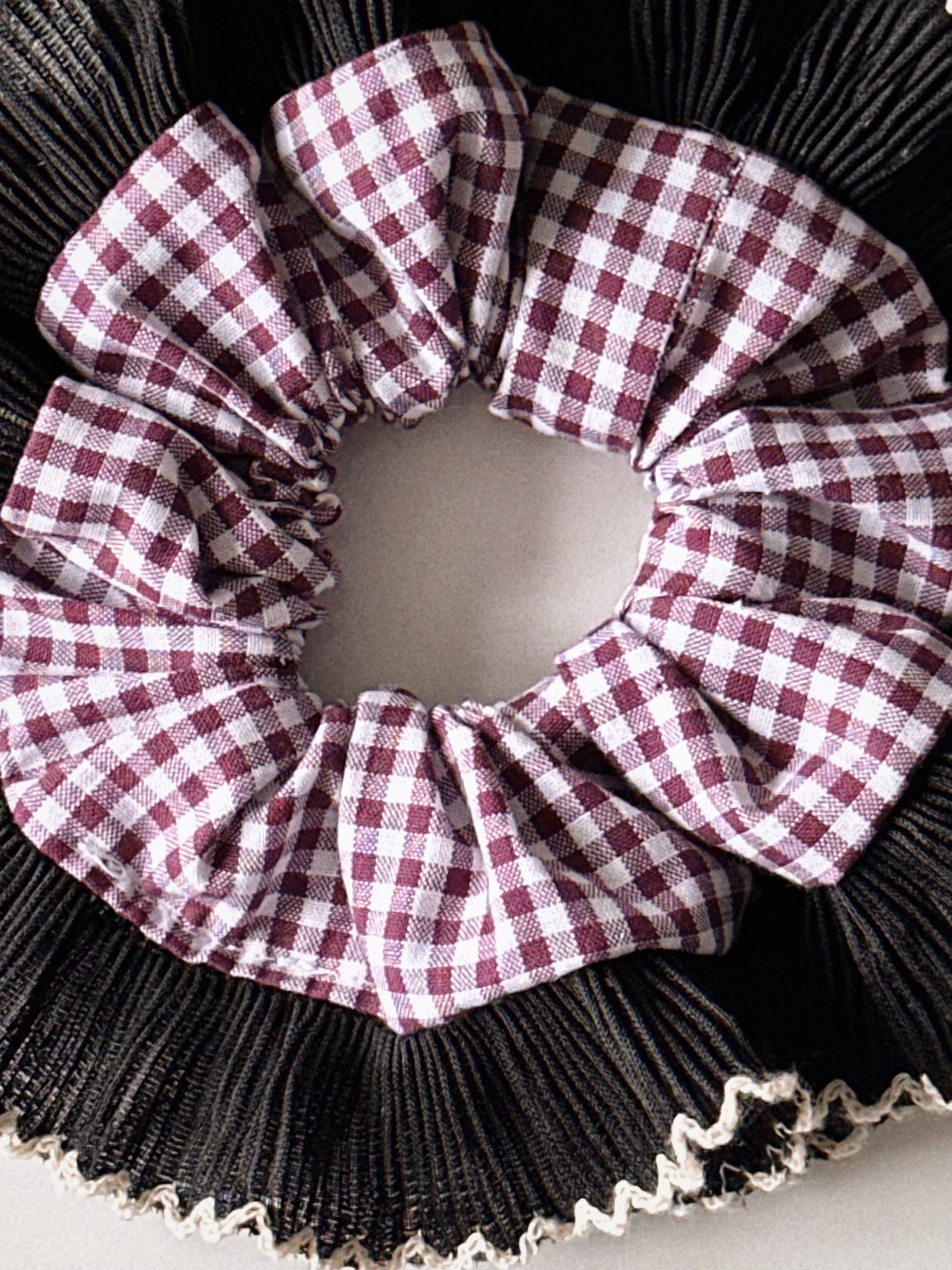 Smaller Mulberry Gingham Scrunchie with Black Frill Trim