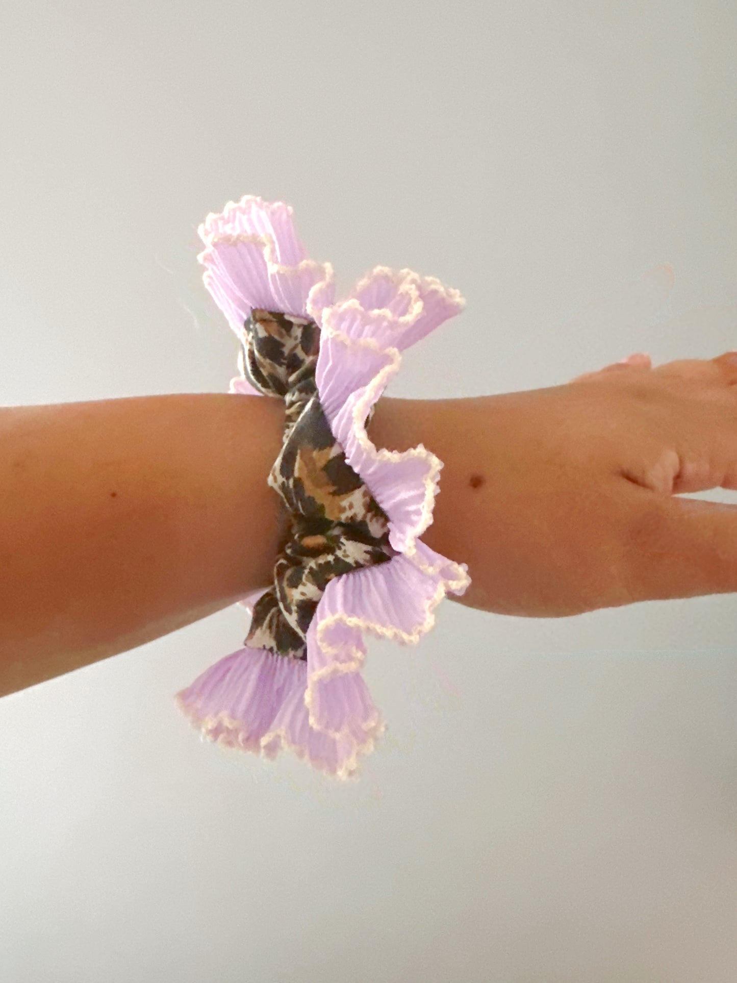 Mini Oversized Leopard Print Scrunchie with a Purple Frill Trim