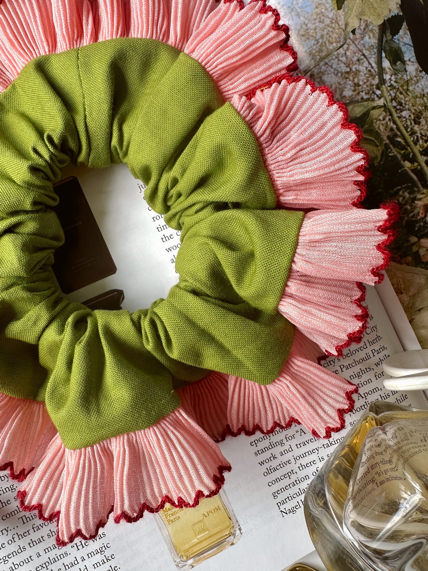 Handmade XL Olive Green Scrunchie with Pink Frill Trim