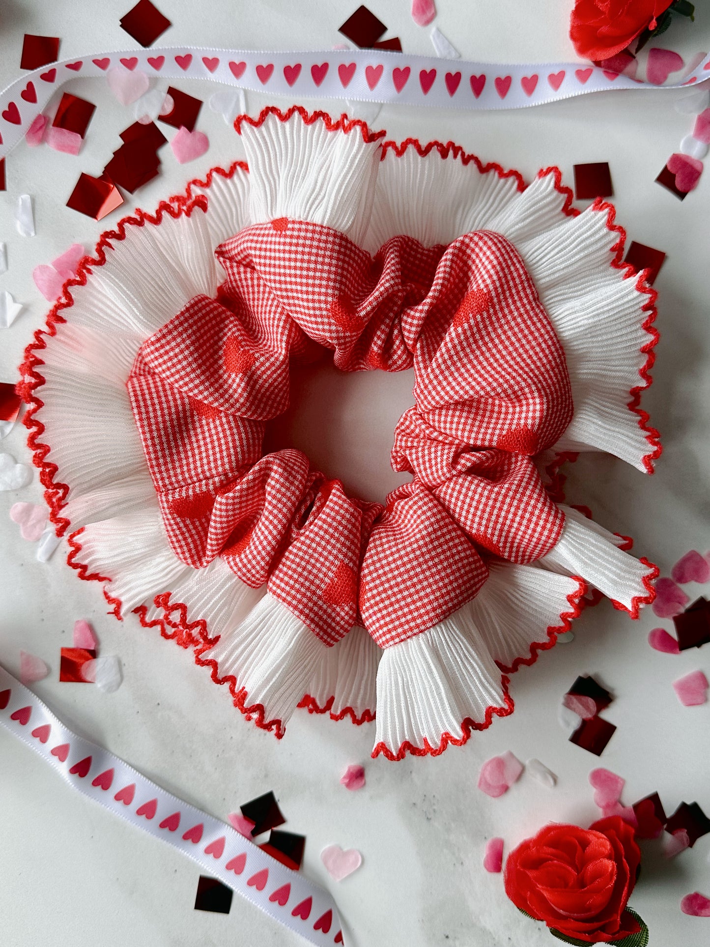 XL Valentines Gingham Scrunchie with White and Red Frill Trim