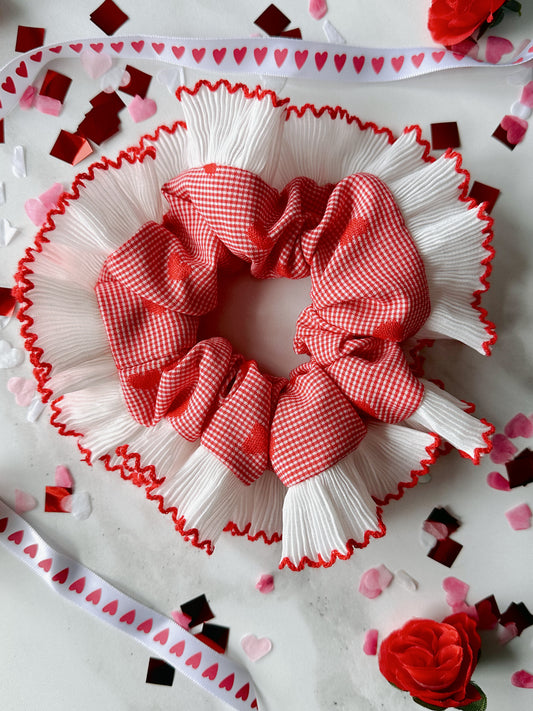 XL Valentines Gingham Scrunchie with White and Red Frill Trim