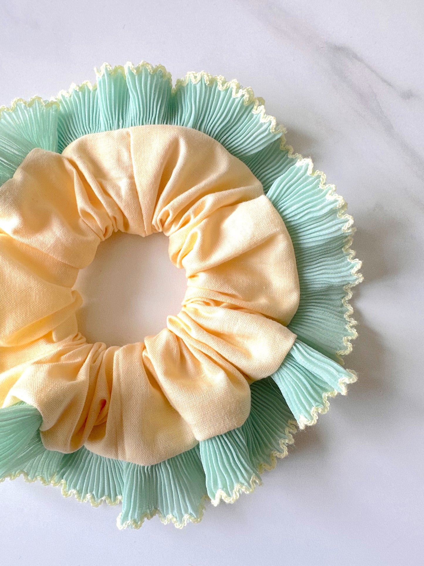 Oversized Butter Yellow Scrunchie with Mint Green Frill Trim