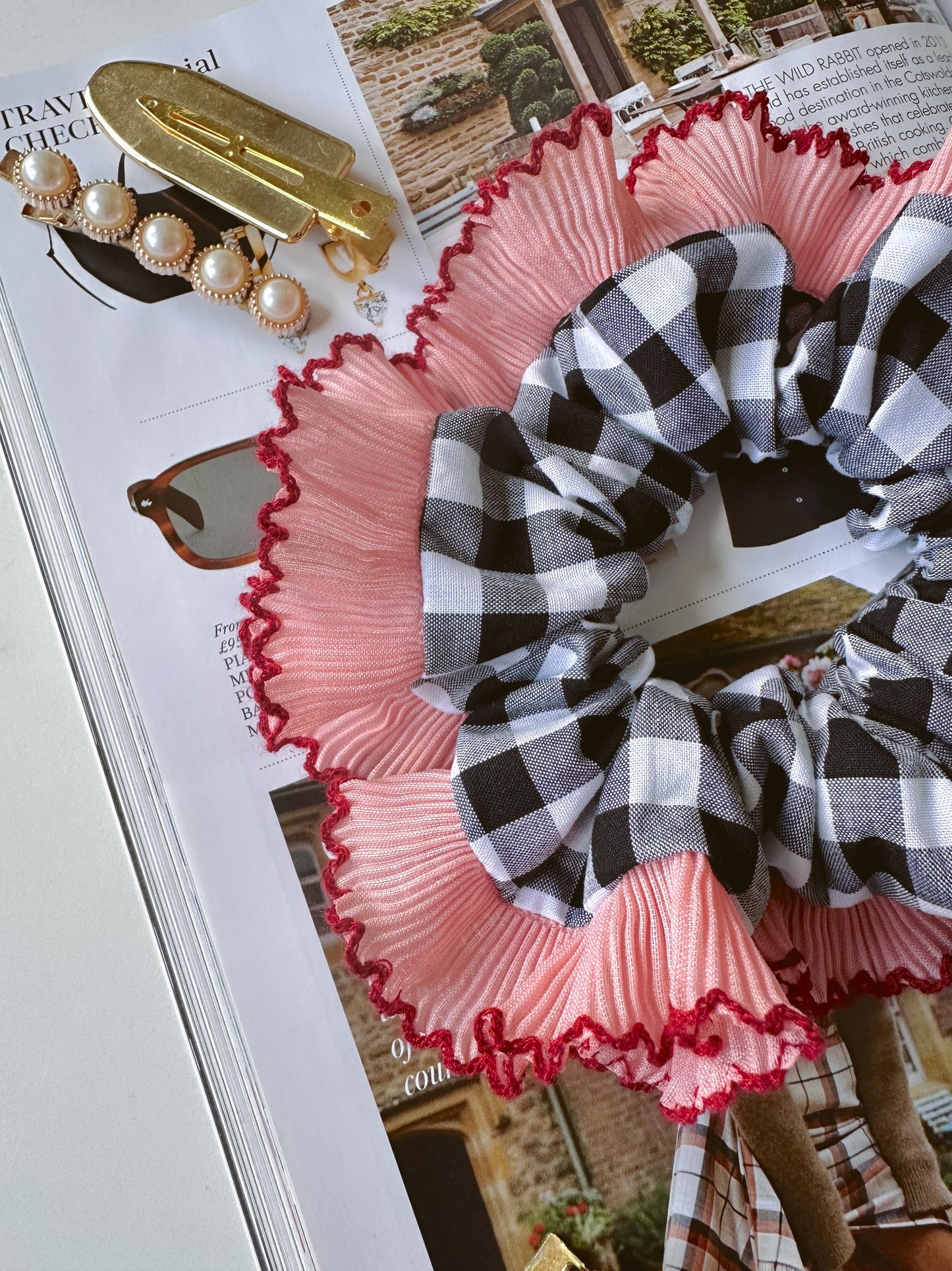 Handmade XL Black Gingham Scrunchie with Pink and Red Frill Trim