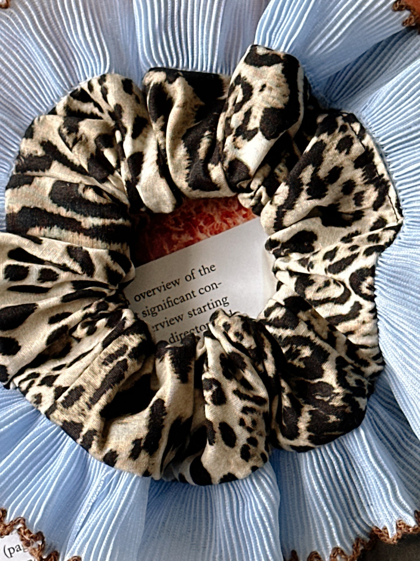 Oversized Leopard Print Scrunchie with Baby Blue Frill Trim