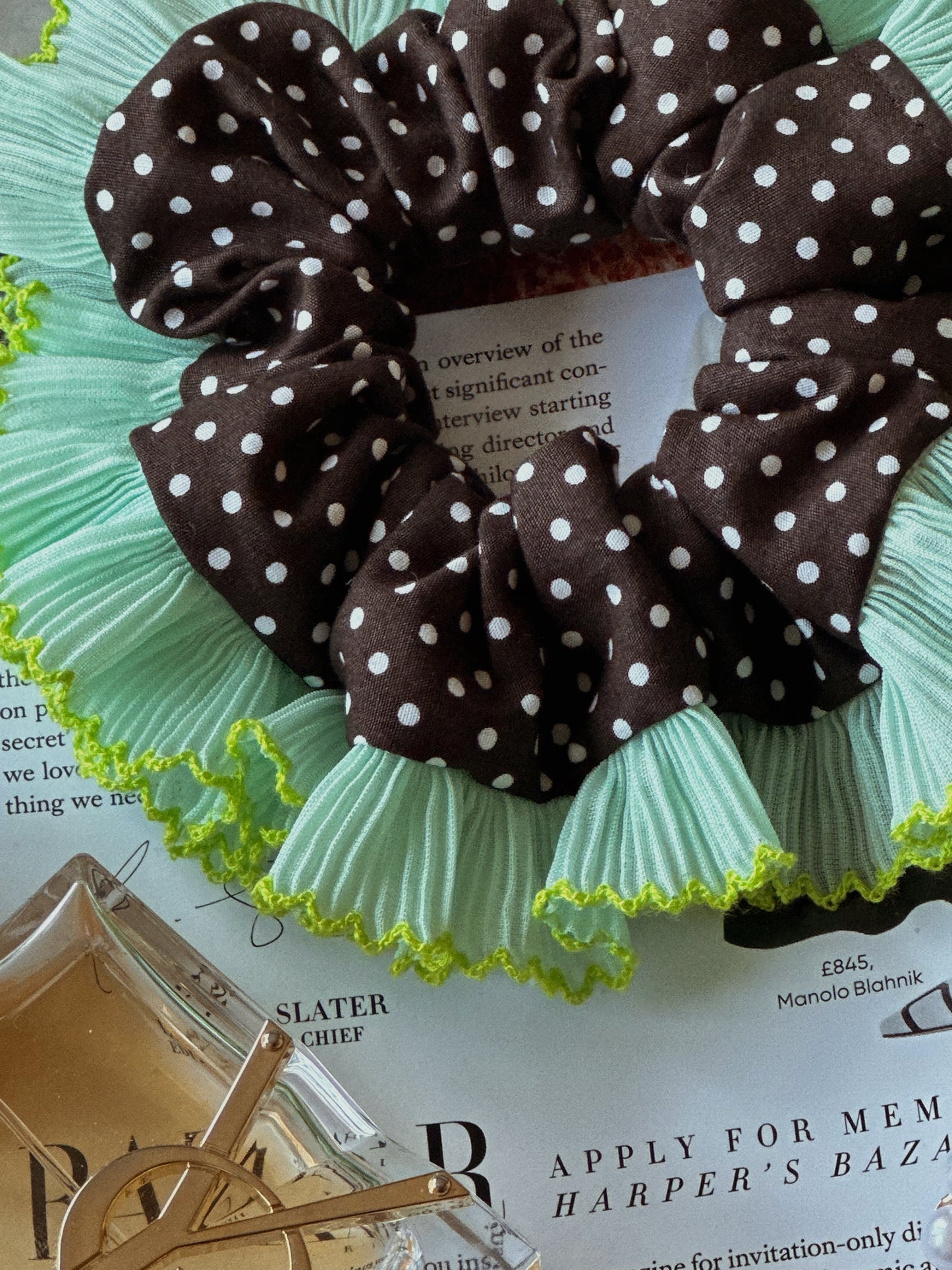 Oversized Dark Brown Polkadot Scrunchie with Green Frill Trim