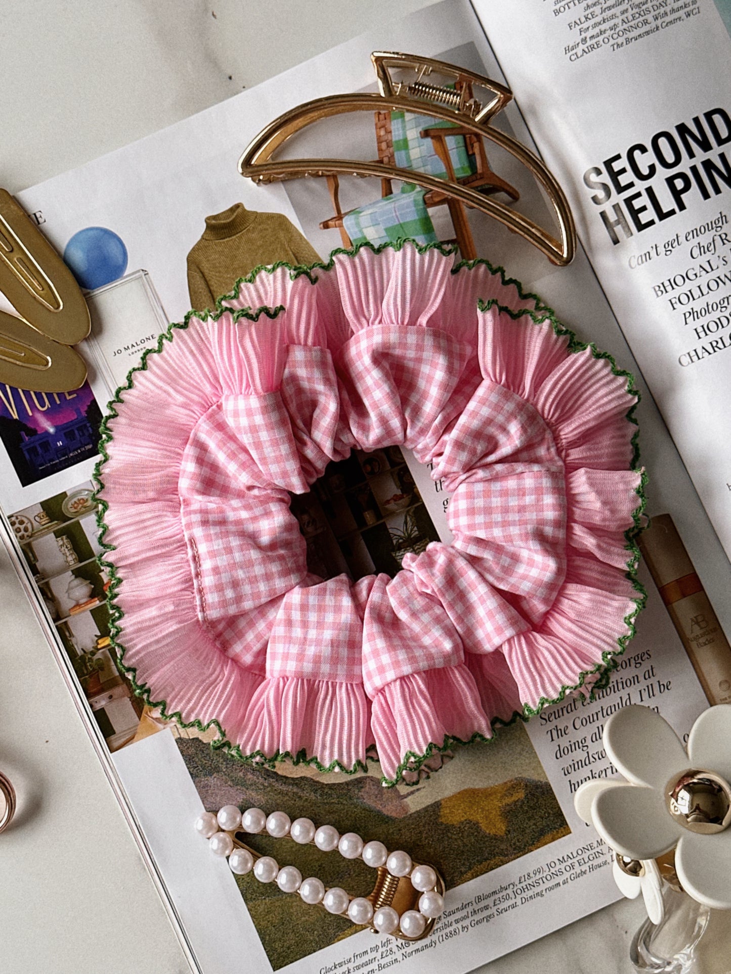 XL Pink Gingham Scrunchie with Pink and Green Frill Trim