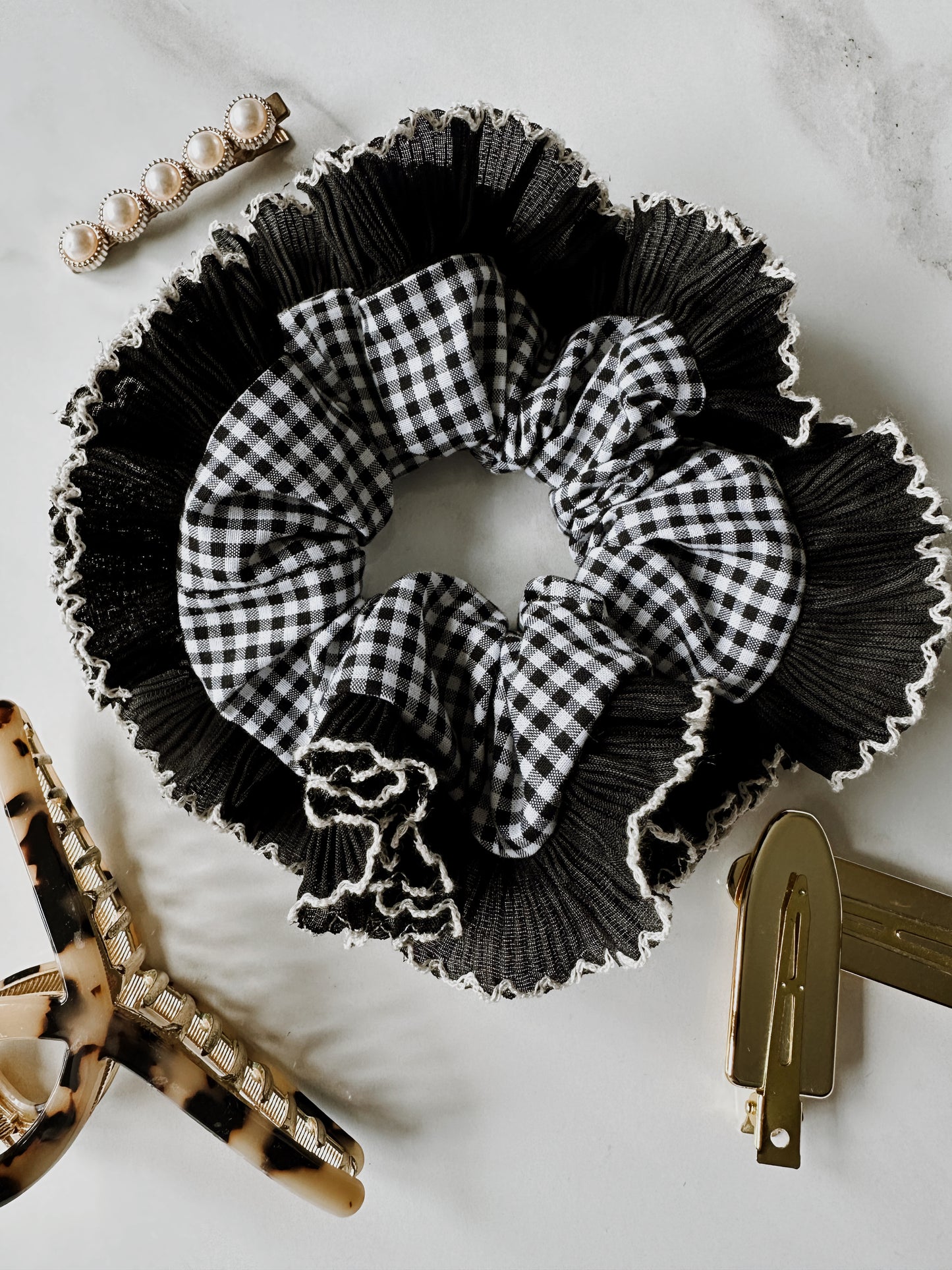 Black Gingham Scrunchie with Black and White Frill Trim