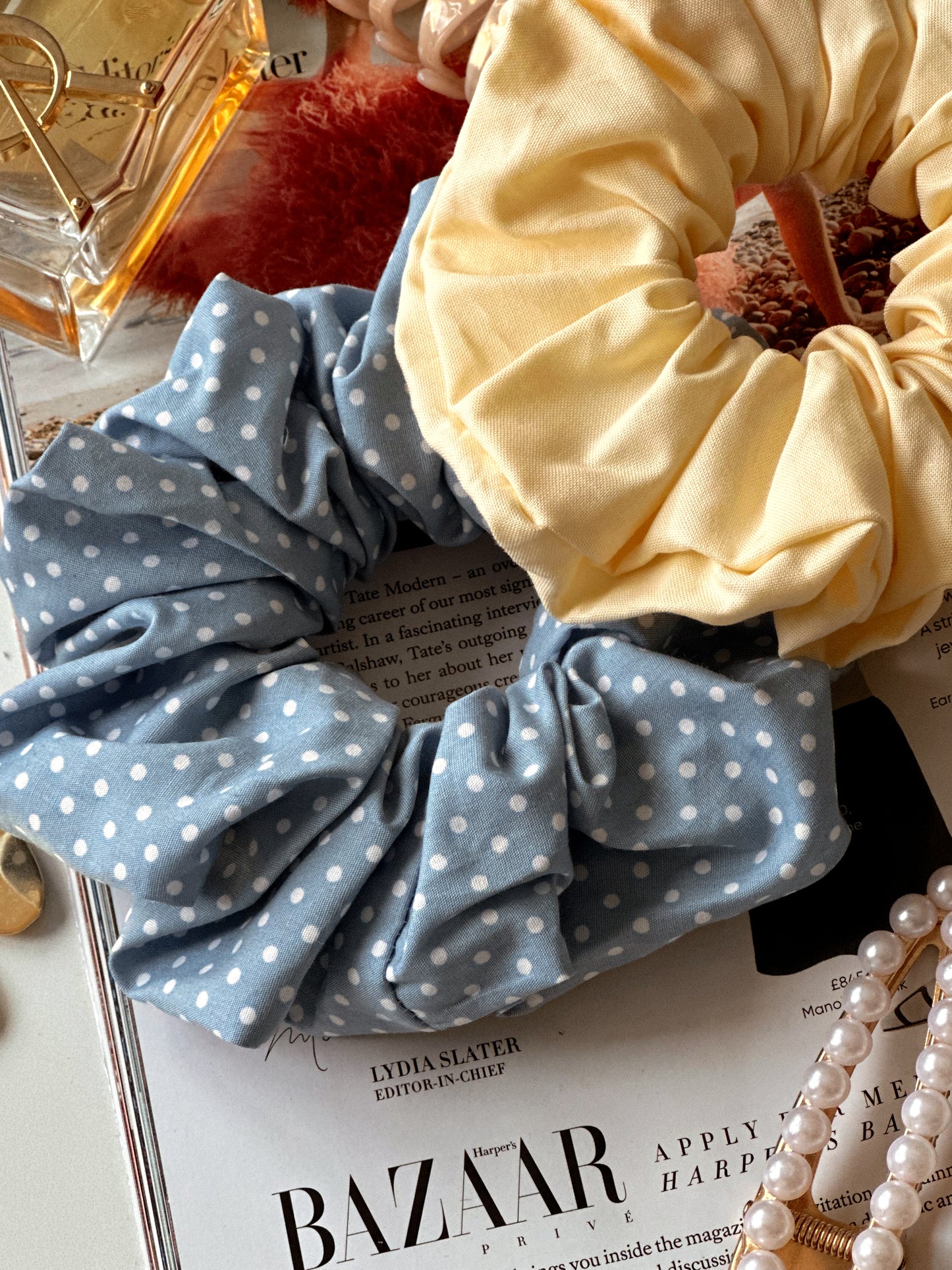 Baby Blue Polkadot & Butter Yellow Scrunchie Duo