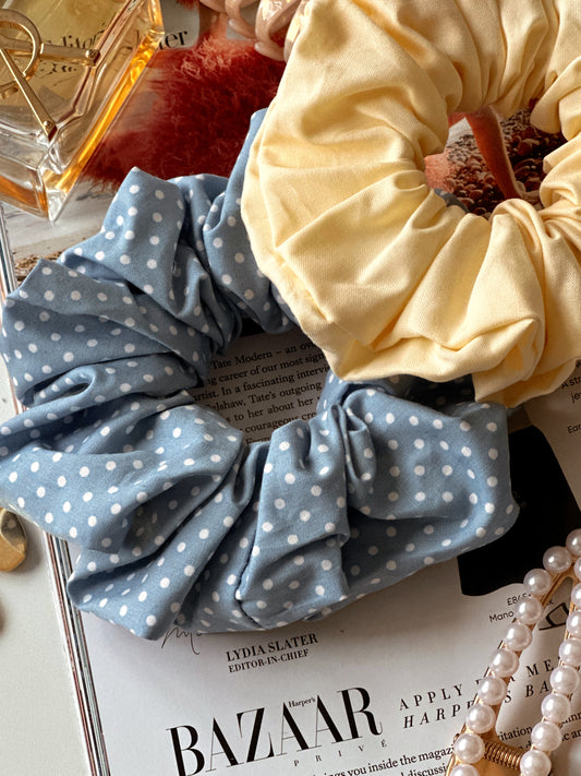 Baby Blue Polkadot & Butter Yellow Scrunchie Duo