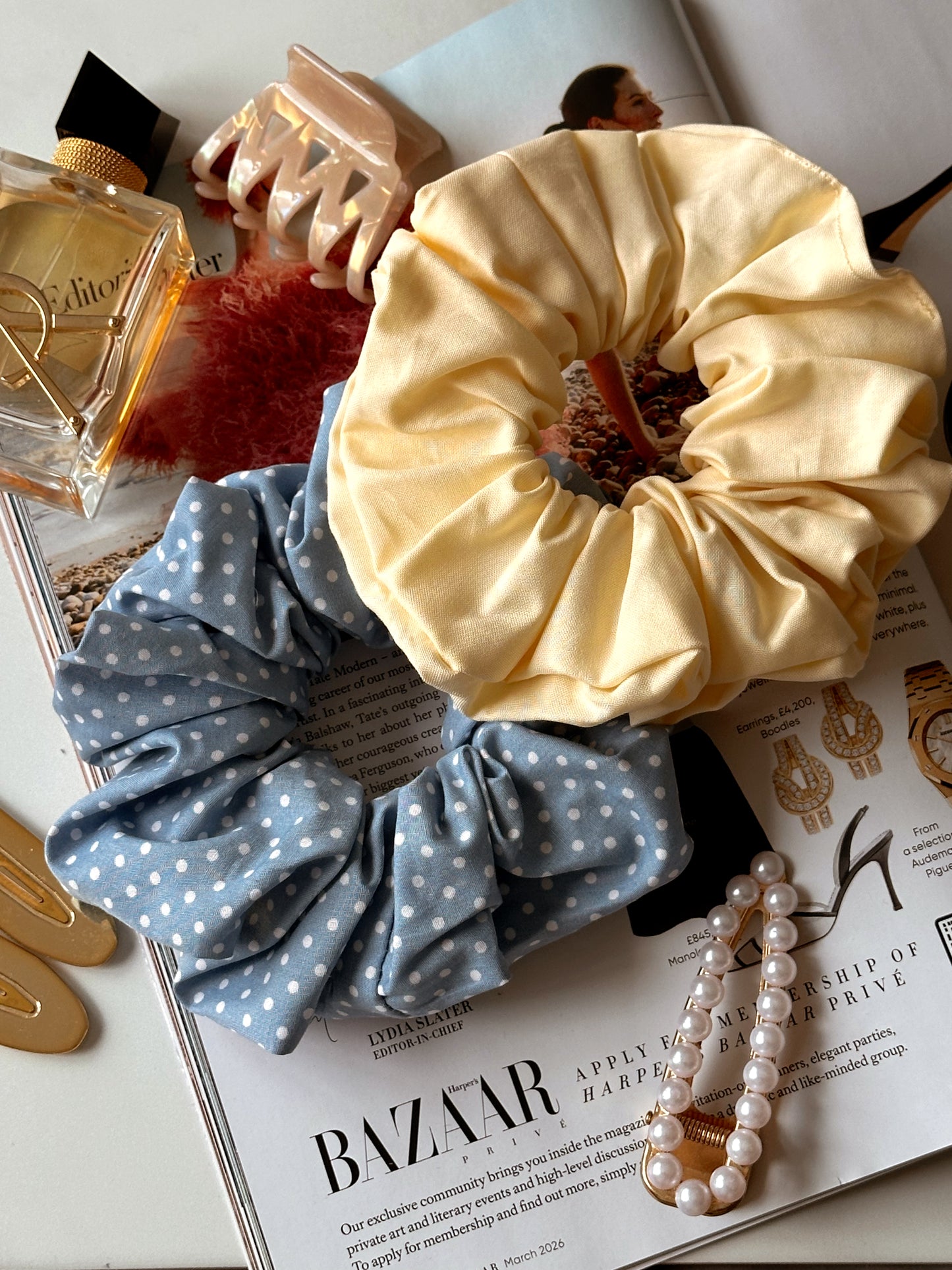 Baby Blue Polkadot & Butter Yellow Scrunchie Duo