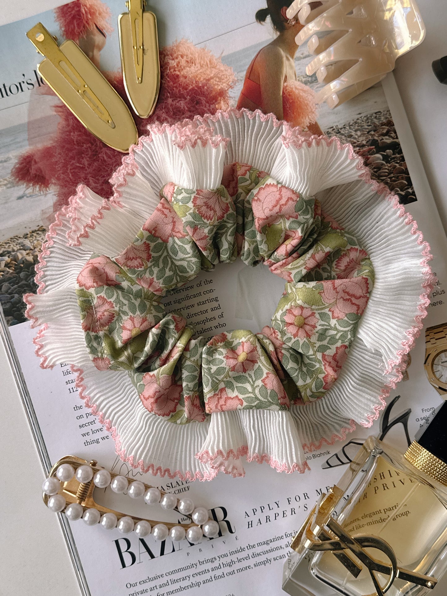XL Victorian Floral Scrunchie with White and Pink Frill Trim