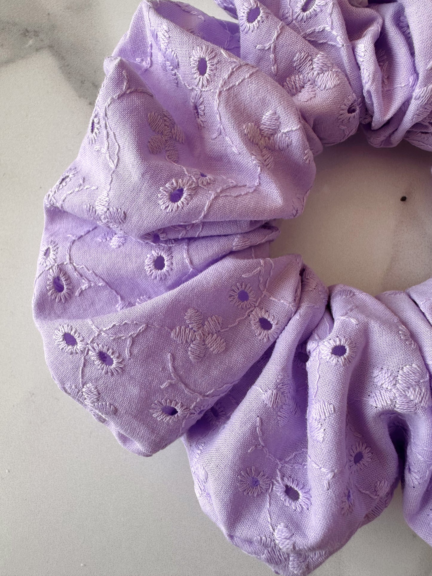 Lilac Broderie Anglaise Embroidered Scrunchie