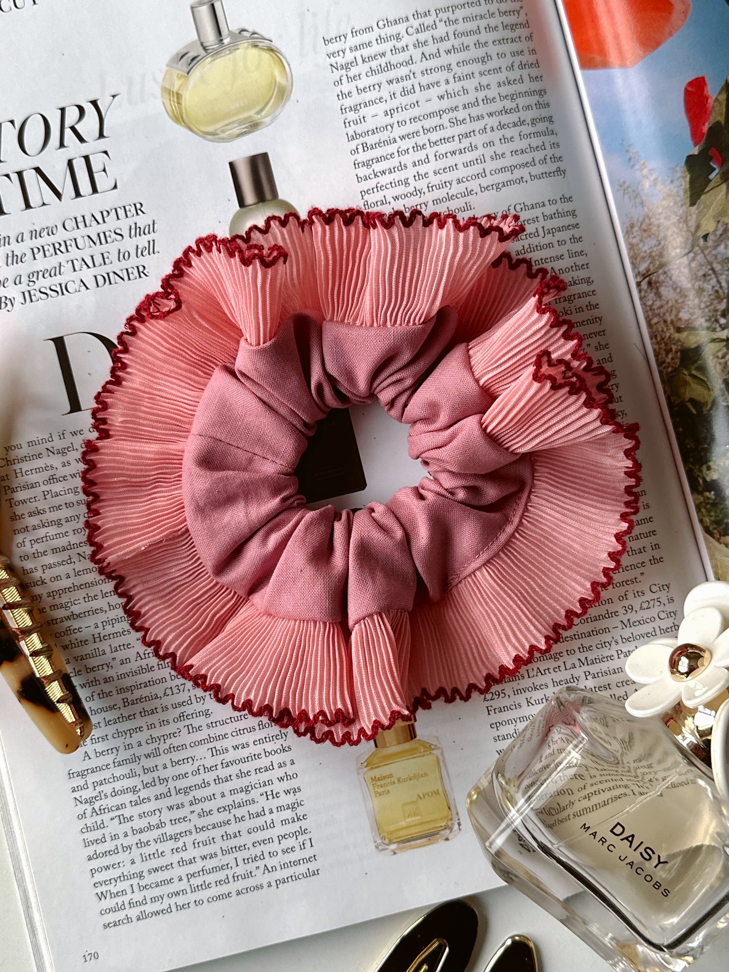 Smaller Oversized Dusk Pink Scrunchie with Pink and Red Frill Trim