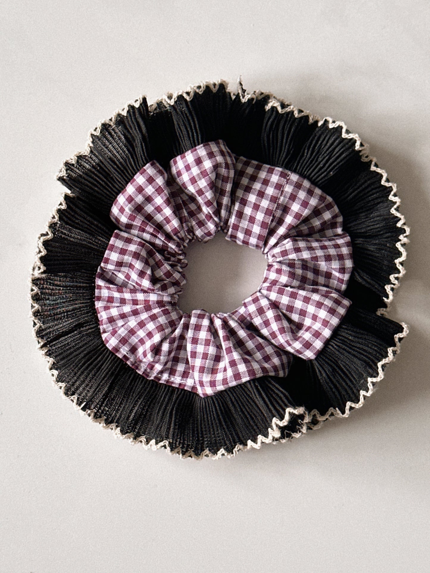 Smaller Mulberry Gingham Scrunchie with Black Frill Trim