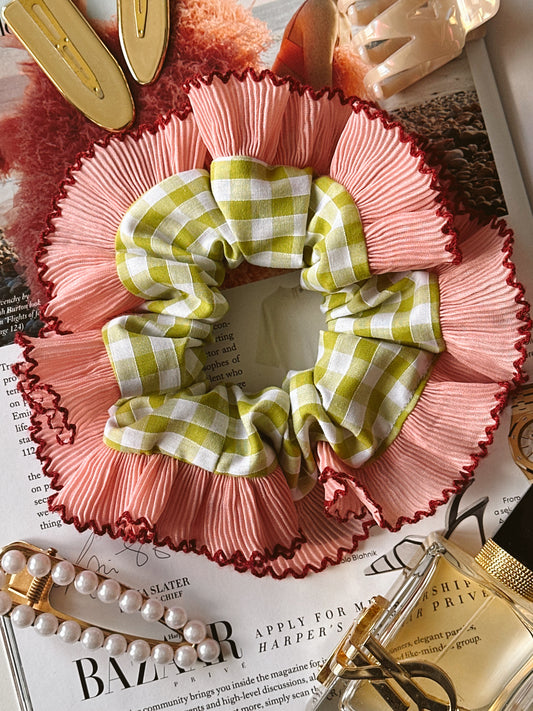 Lime Green Gingham Scrunchie with Pink Frill Trim