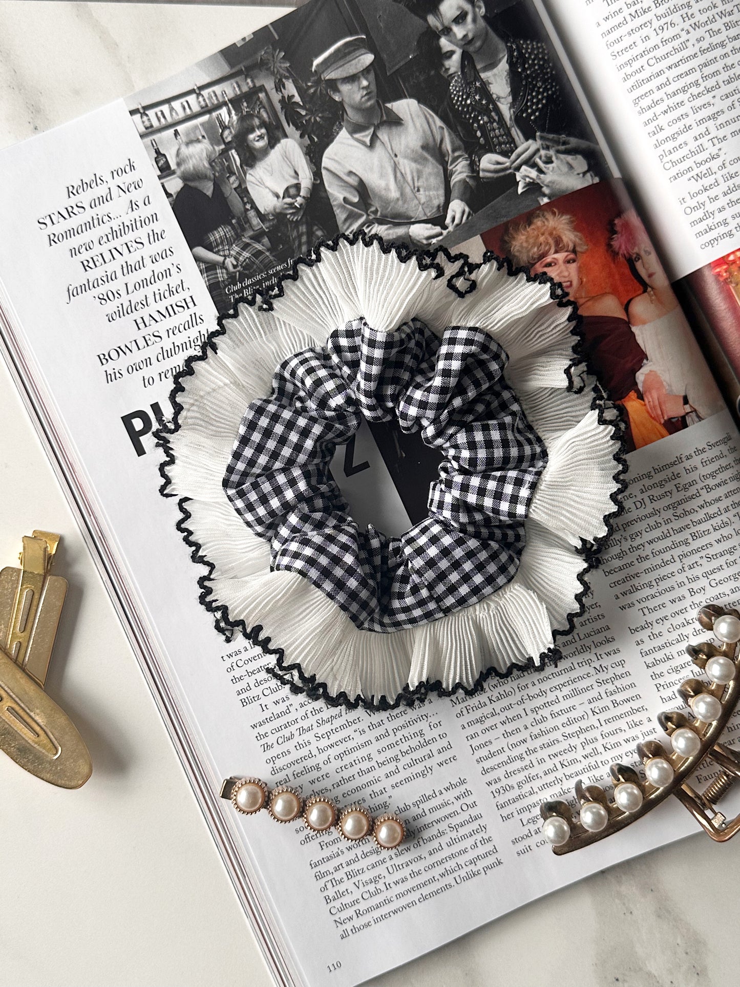 Mini Oversized Black Gingham Scrunchie with White Frill Trim