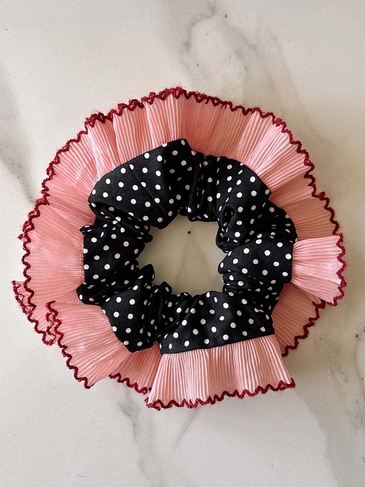Oversized Black Polkadot Scrunchie with Pink Frill Trim
