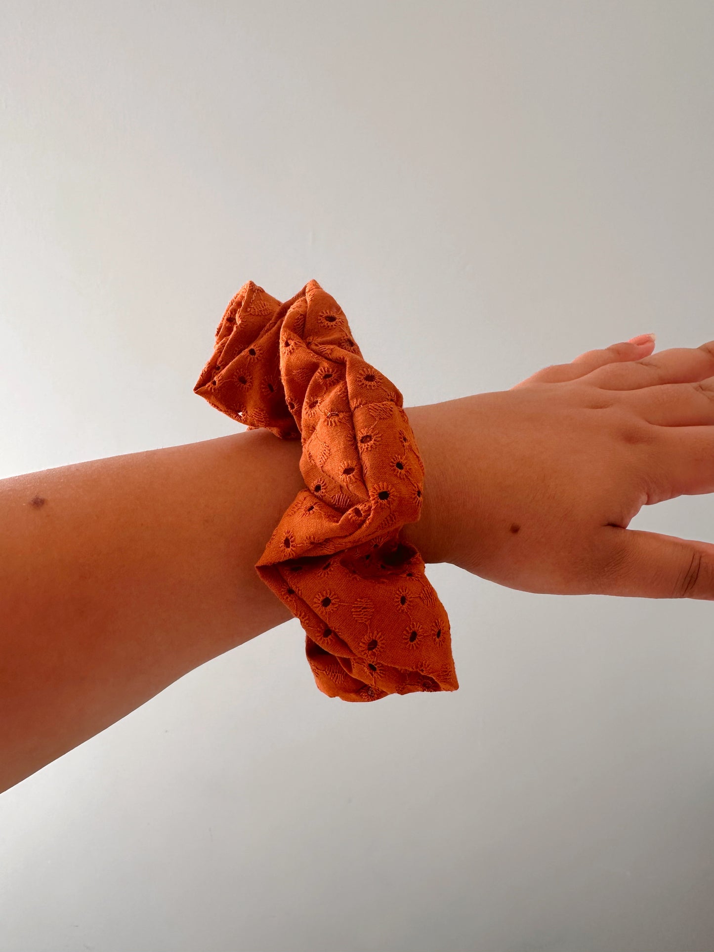 Handmade Rust Brown Embroidered Scrunchie