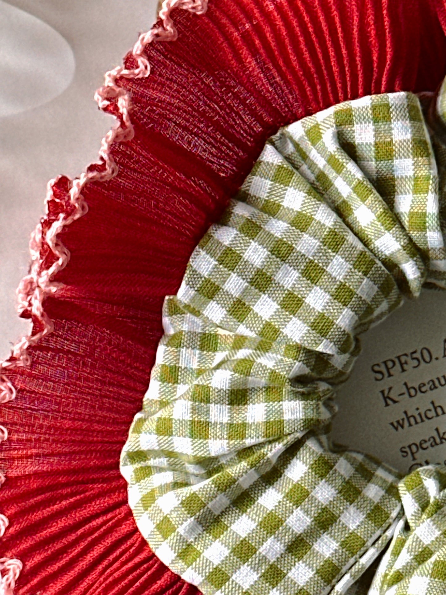 Mini Olive Green Gingham Scrunchie with Red Frill Trim