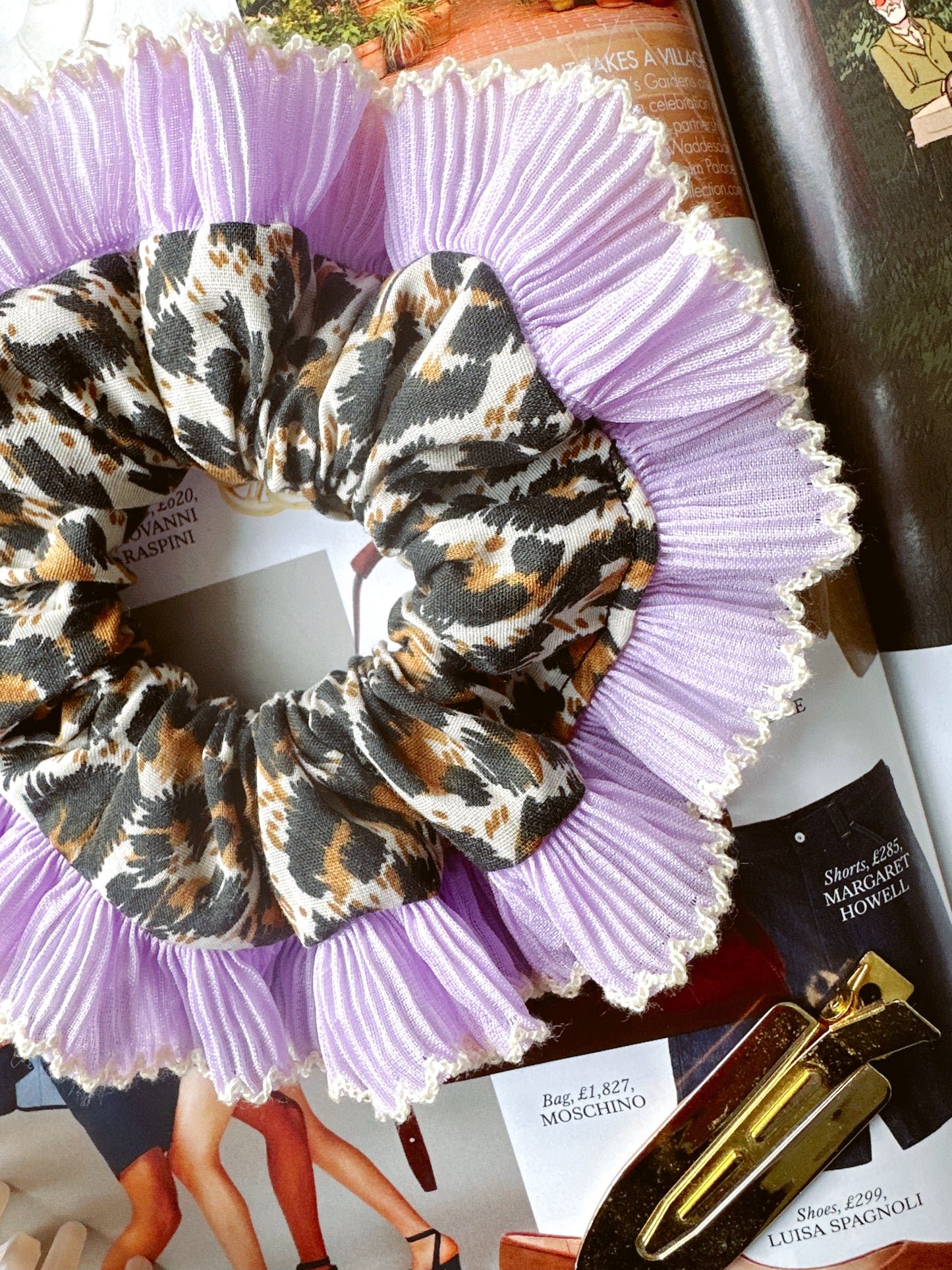 Mini Oversized Leopard Print Scrunchie with a Purple Frill Trim