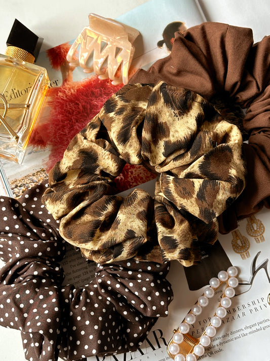 Chocolate & Leopard Print Scrunchie Trio