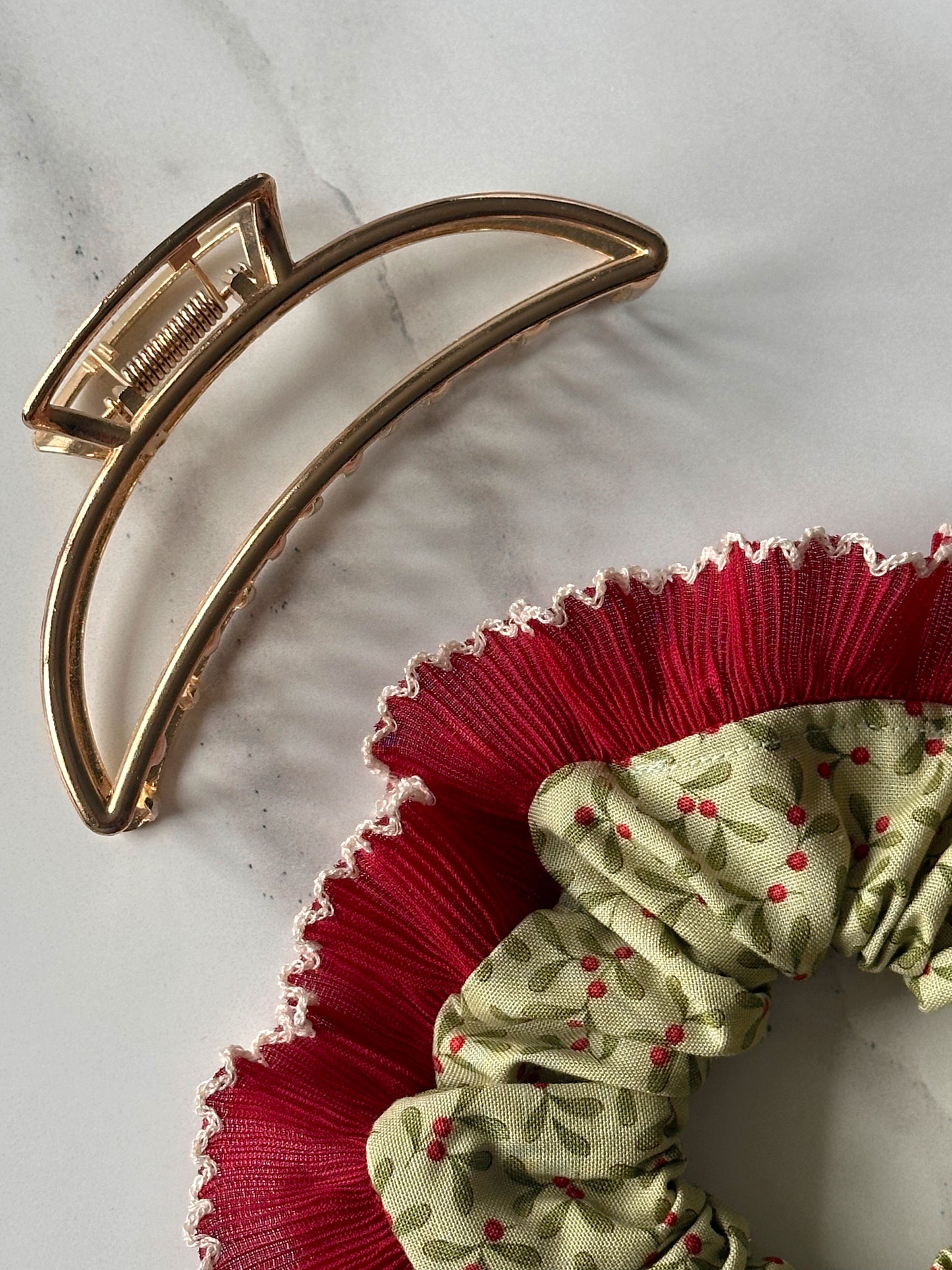 Mistletoe Merry Little Christmas Scrunchie with Red and White Frill Trim