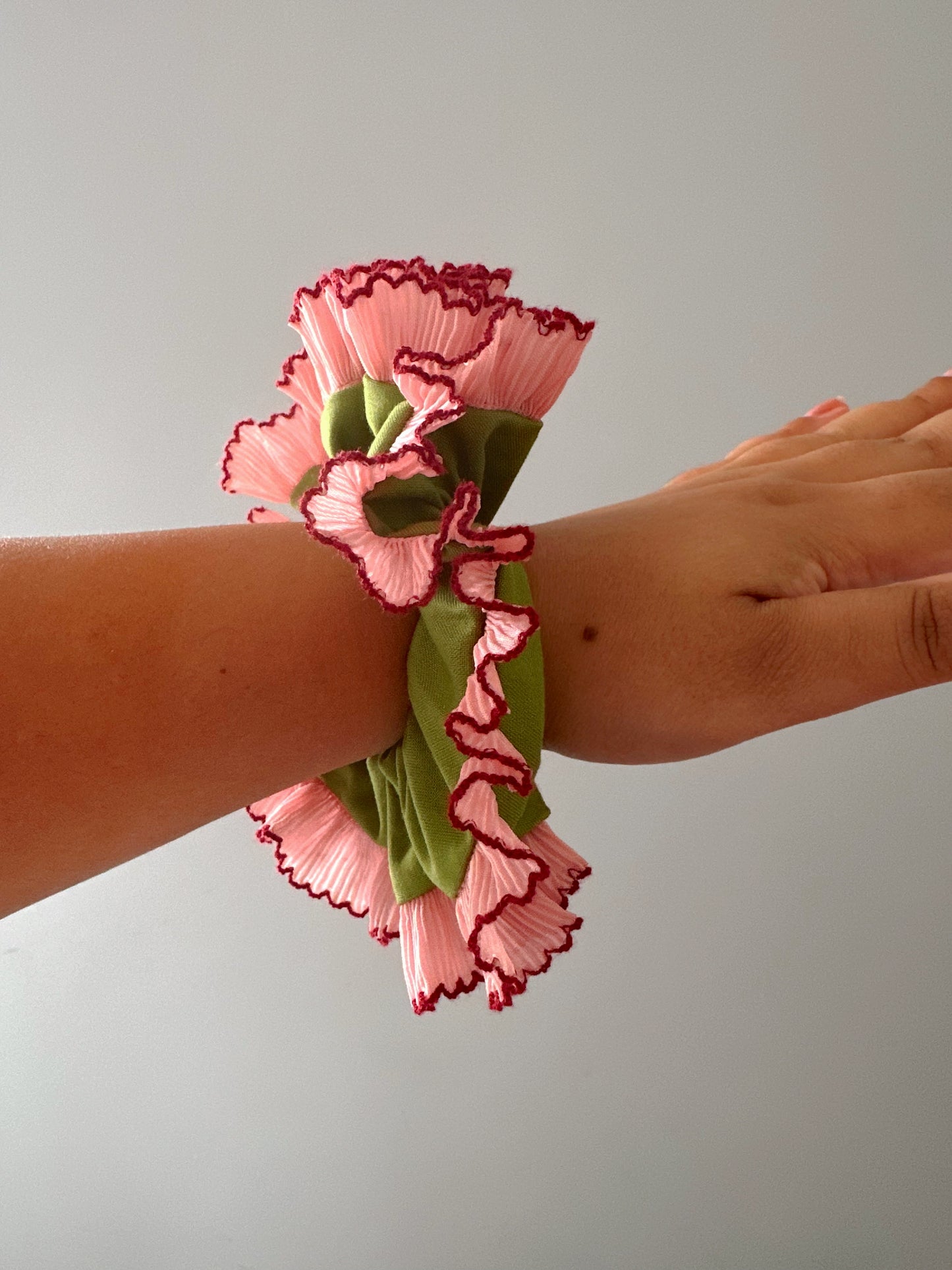 Handmade XL Olive Green Scrunchie with Pink Frill Trim