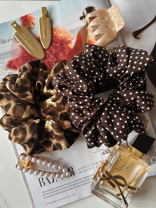 Brown Polkadot & Leopard Print Scrunchie Duo